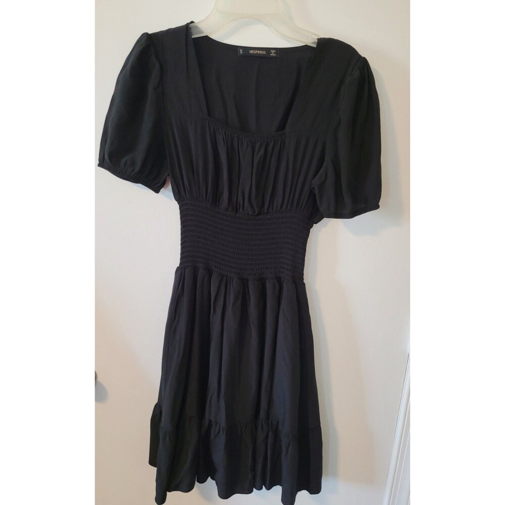 Hesperus Black Smocked Waist Puff Sleeve Mini Dress Women's Size S
